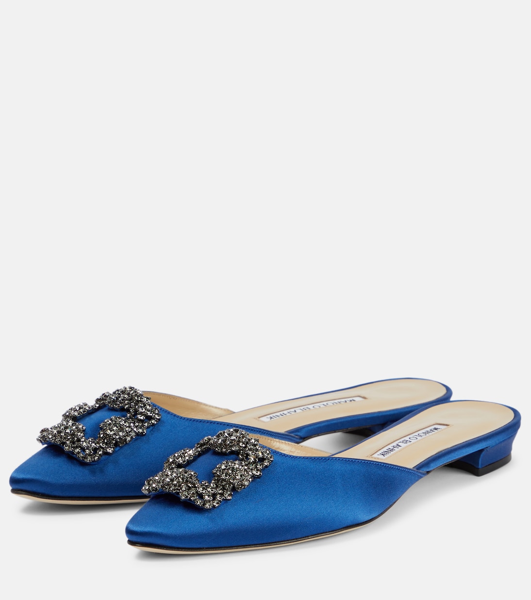 Hangisimuflat embellished satin mules in blue - Manolo Blahnik