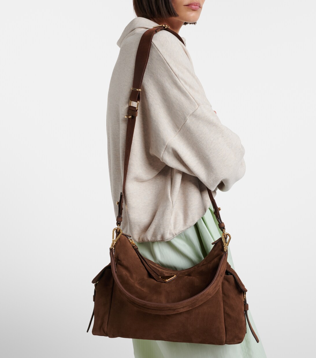 Prada Explore Large suede shoulder bag in brown - Prada | Mytheresa