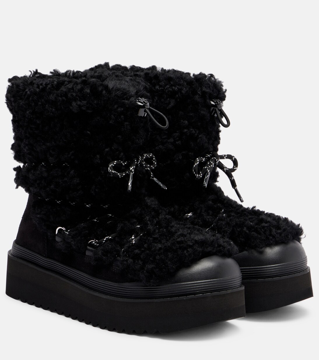 Mellow shearling and suede lace-up boots in black - Tory Burch