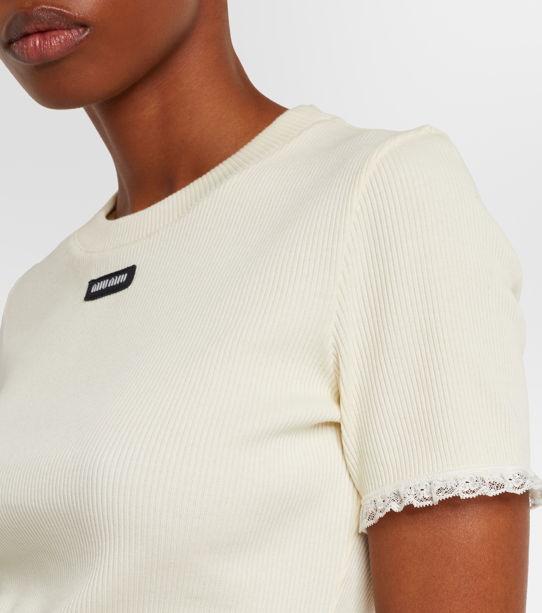 Cropped lace-trimmed cotton T-shirt in white - Miu Miu | Mytheresa