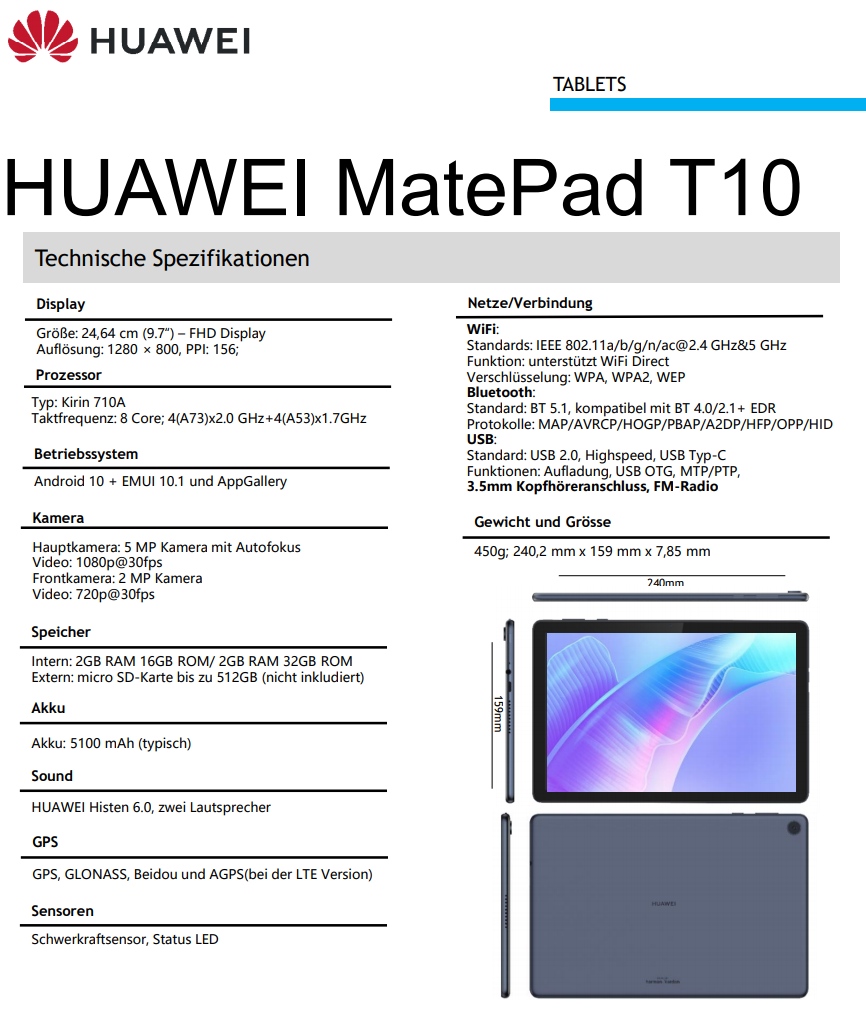 Huawei MatePad T10 and MatePad T10s renders and specs leaked