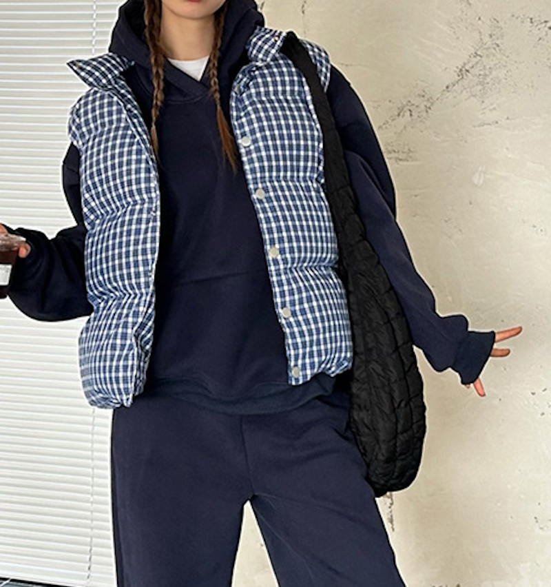 Women's Dark blue check down vest Jacket ダークブルーチェック