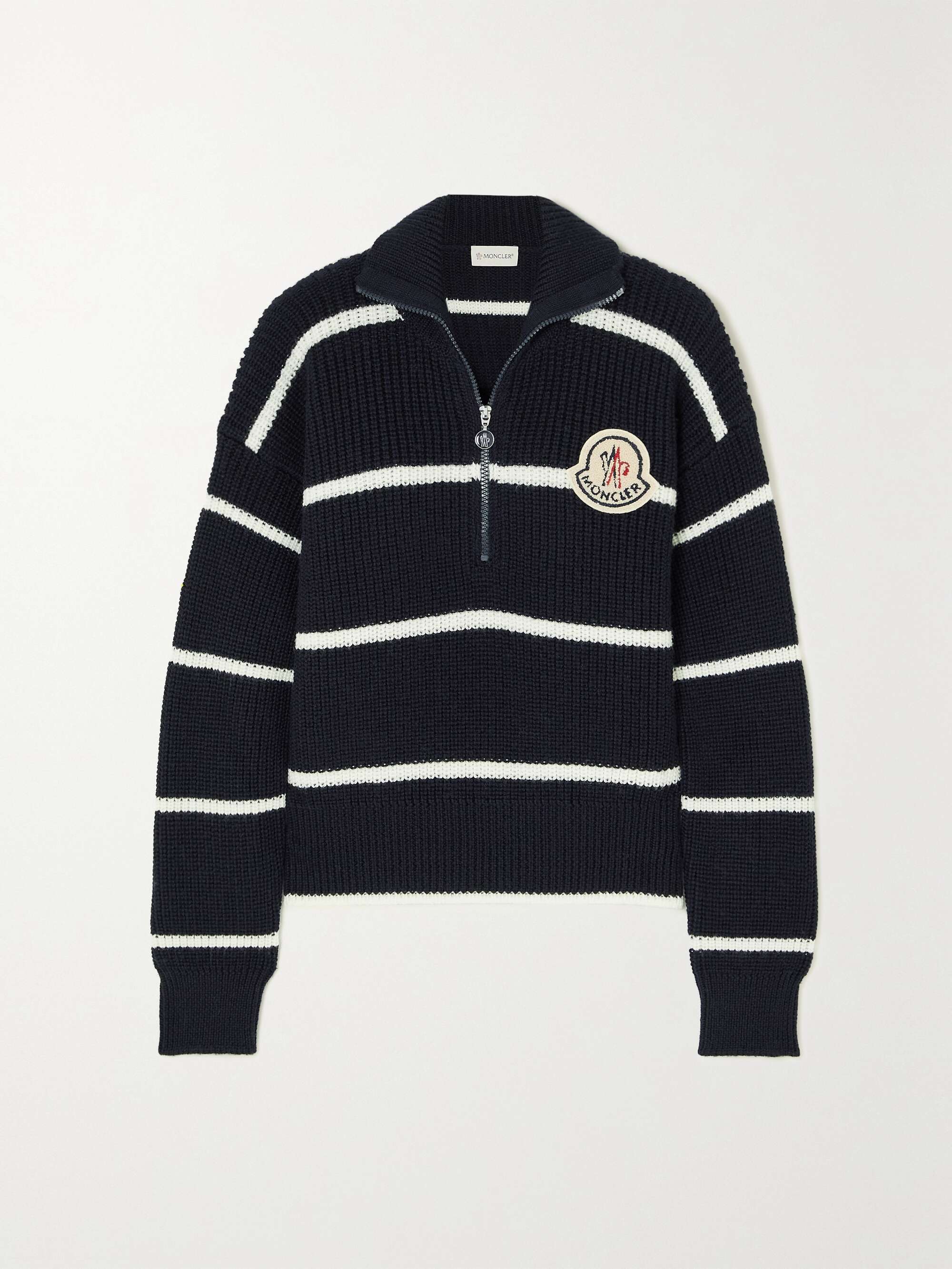 MONCLER Appliquéd striped wool sweater | NET-A-PORTER