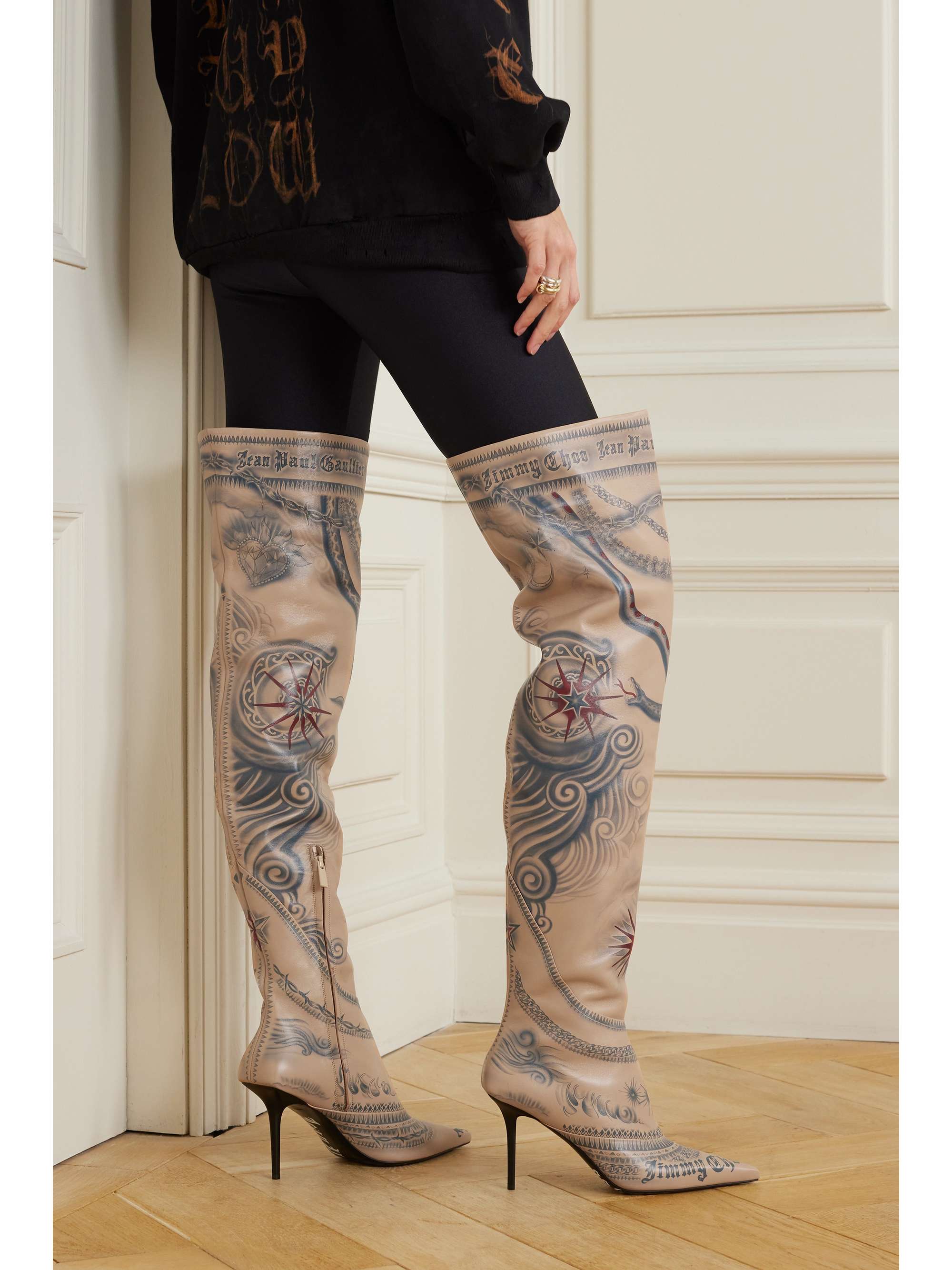 JIMMY CHOO + Jean Paul Gaultier 90 printed leather knee boots