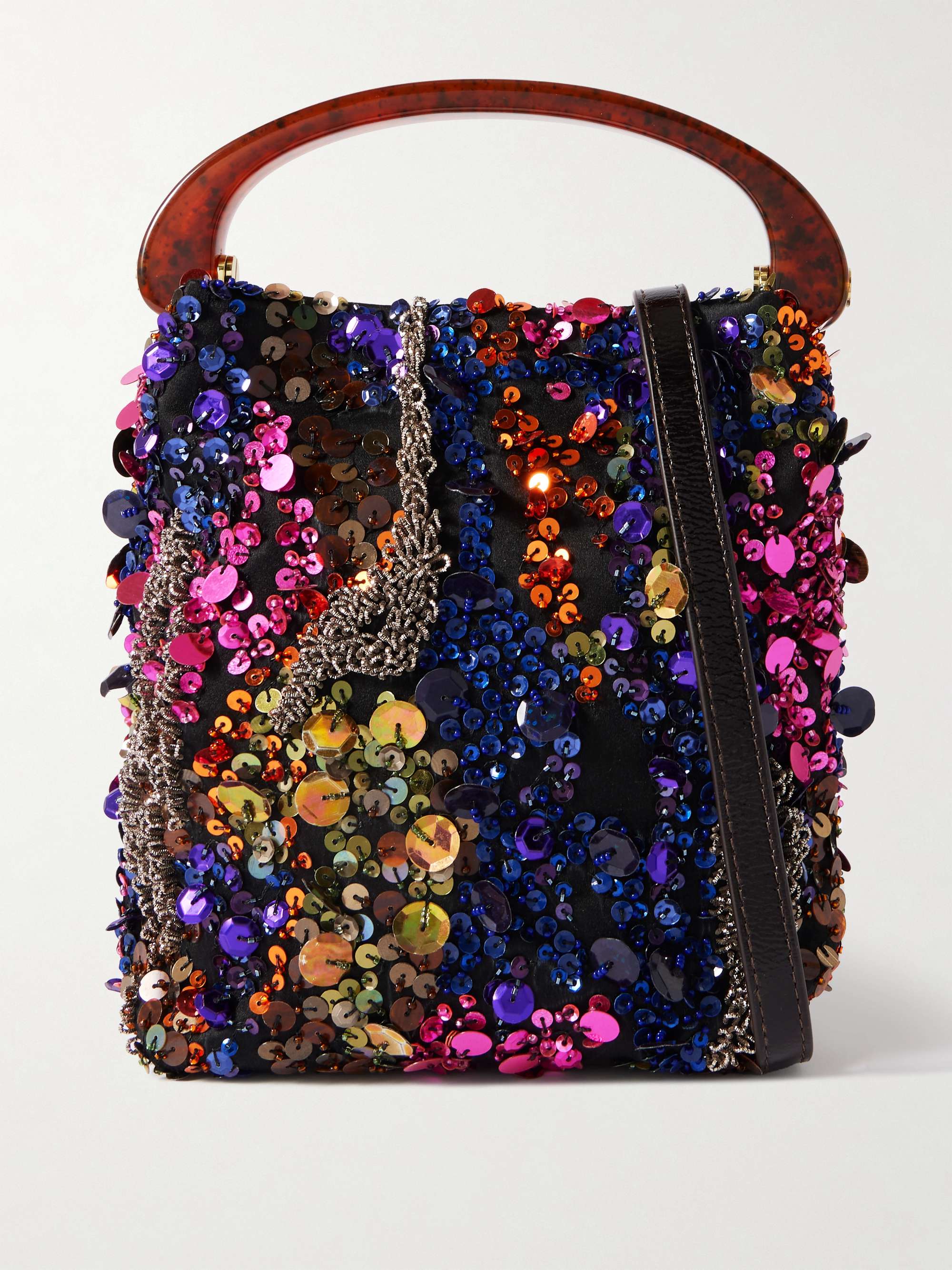 DRIES VAN NOTEN Leather-trimmed embellished satin-crepe shoulder