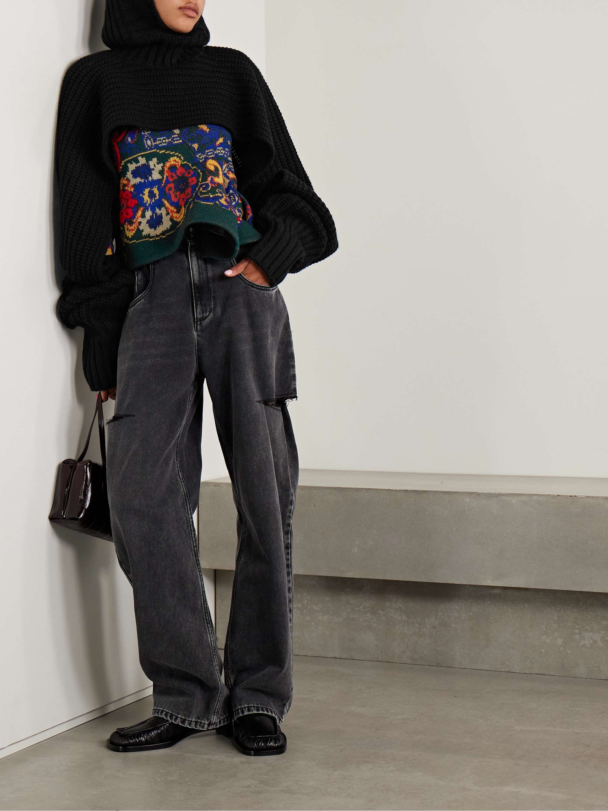 SACAI Cropped hooded ribbed wool-blend sweater | NET-A-PORTER