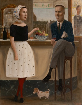 筧本生 油彩『カフェに佇むサングラスをかけた女性』かけいもとなり 1986年 筧 本生展 －カフェの男と女－｜日動画廊 展覧会情報