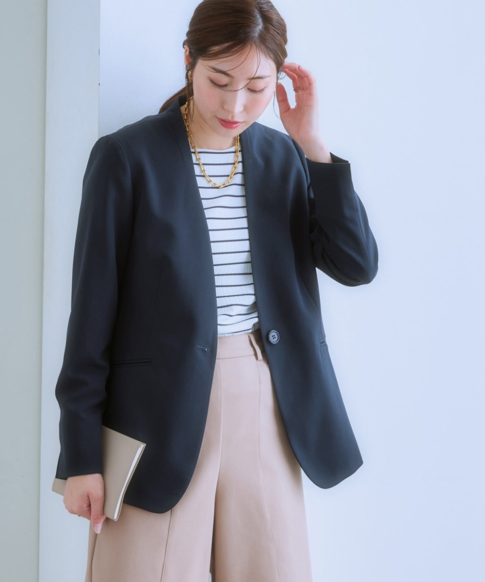 洗えるストレッチダブルクロスノーカラージャケット（ストレッチ・しわ