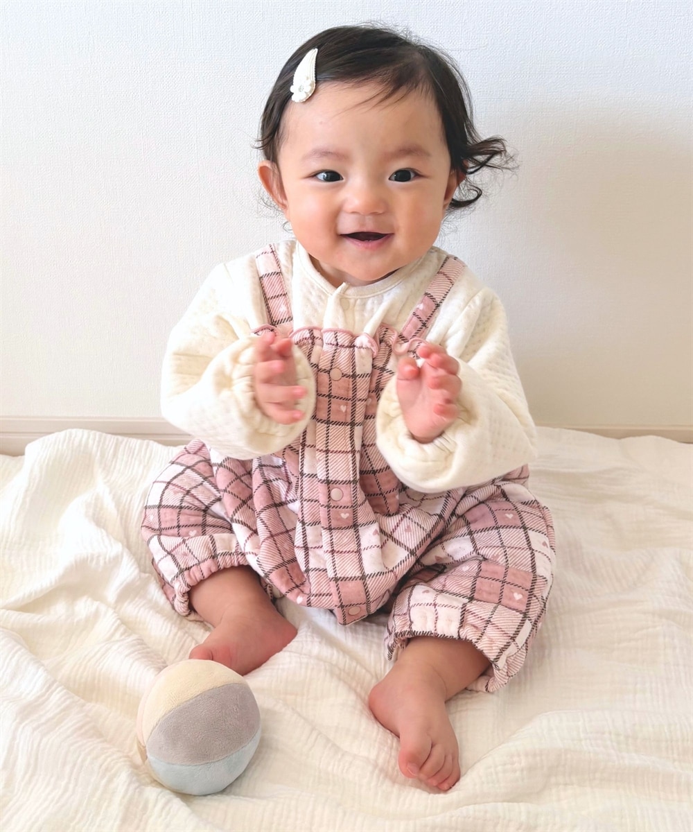 やわらかエアーニット チェック柄サロペット重ね着風カバーオール