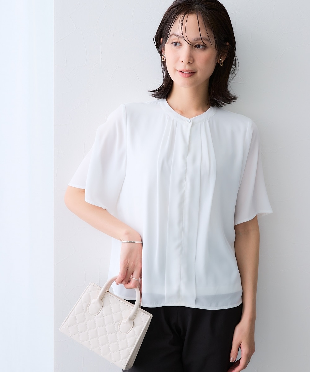 カットソー裏地付】フロントタックジョーゼットフレア5分袖ブラウス