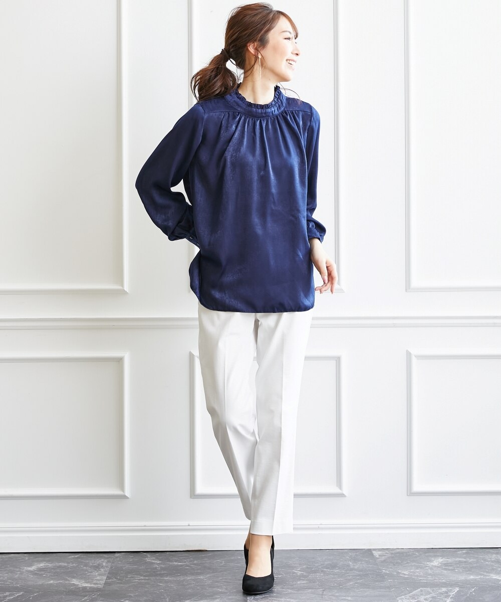 大きいサイズ フリルスタンドカラーサテンブラウス（OtonaSMILE） 通販