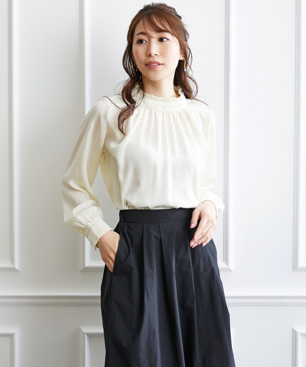 大きいサイズ フリルスタンドカラーサテンブラウス（OtonaSMILE） 通販