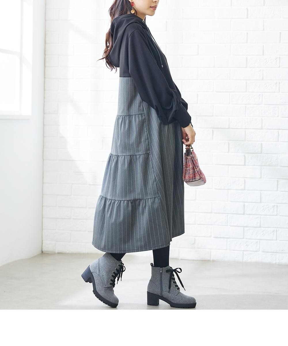 フード付バックティアード異素材ドッキングワンピース【Otona Purete