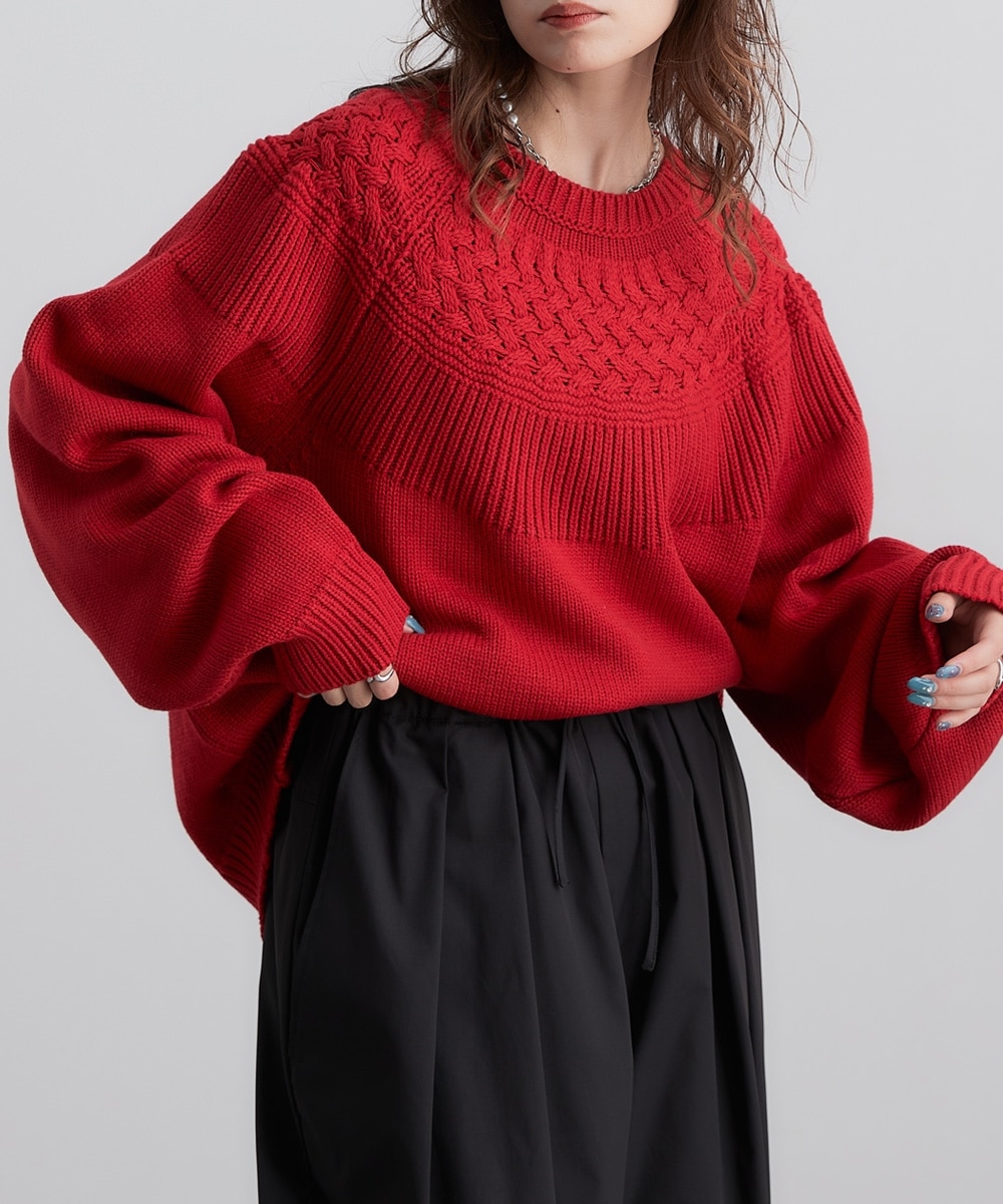 求心柄ケーブル編みニットプルオーバー ［Soiunique］ 着痩せ 華奢見え