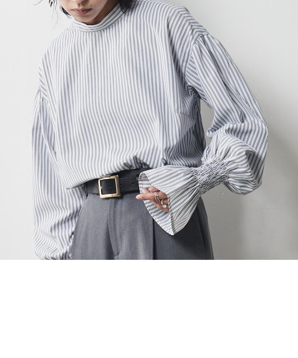 大きいサイズ ビッグリボン付き袖フリルストライプブラウス シック