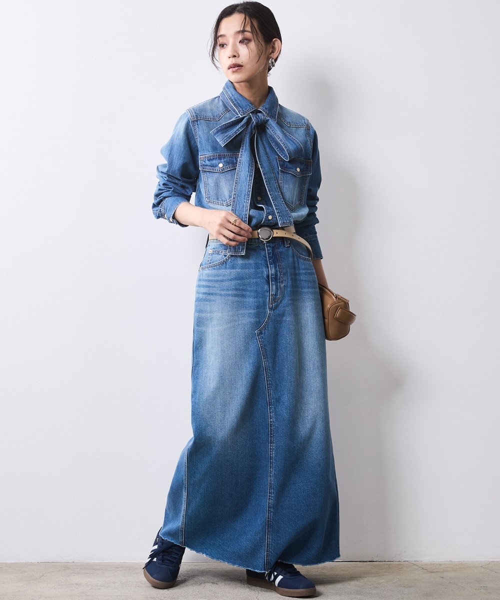 綿100％ライトオンスデニムリボンタイ付シャツ＜大きいサイズ有