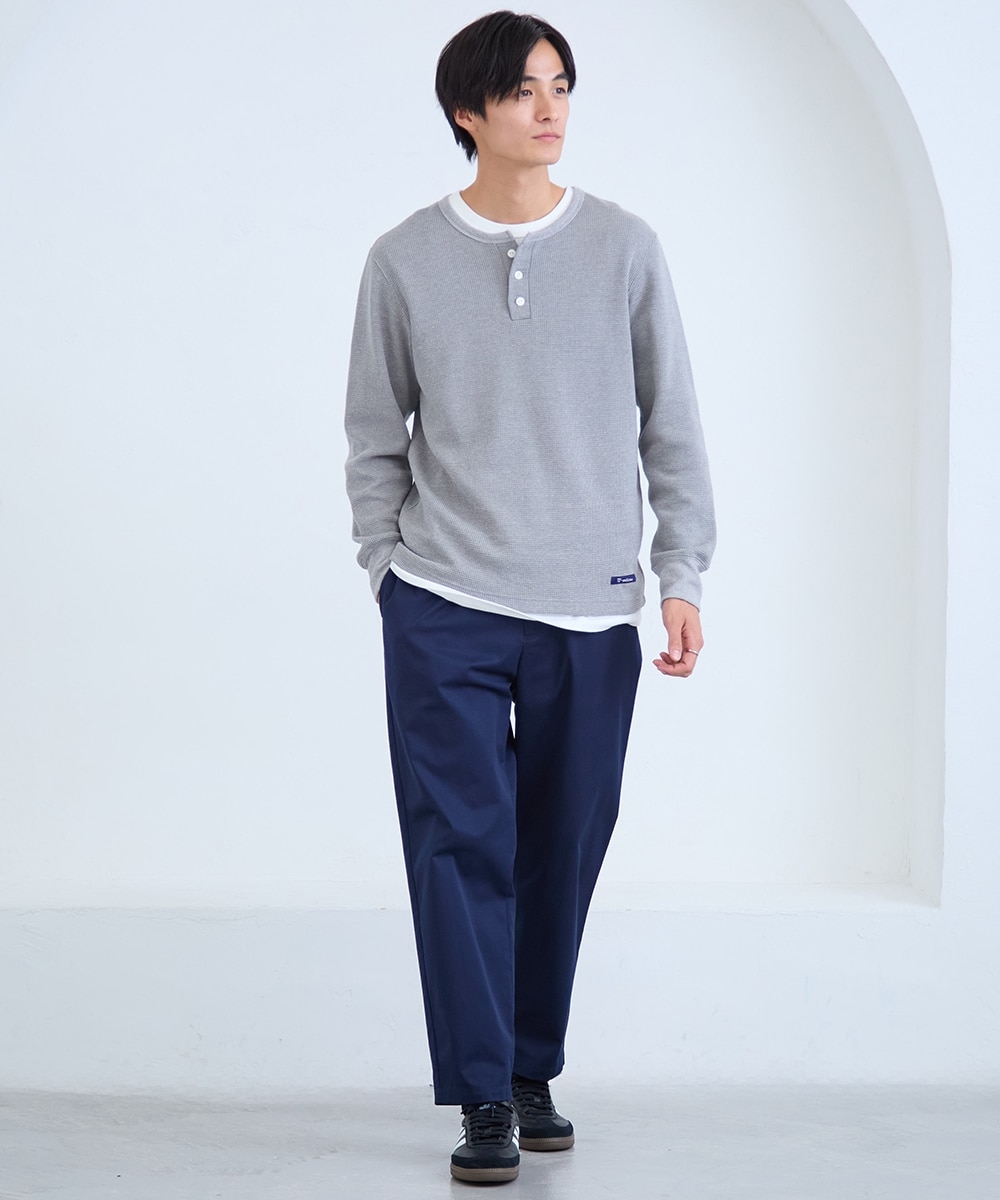 ヘビーウェイトワッフルヘンリーネック長袖Tシャツ【大きいサイズ有