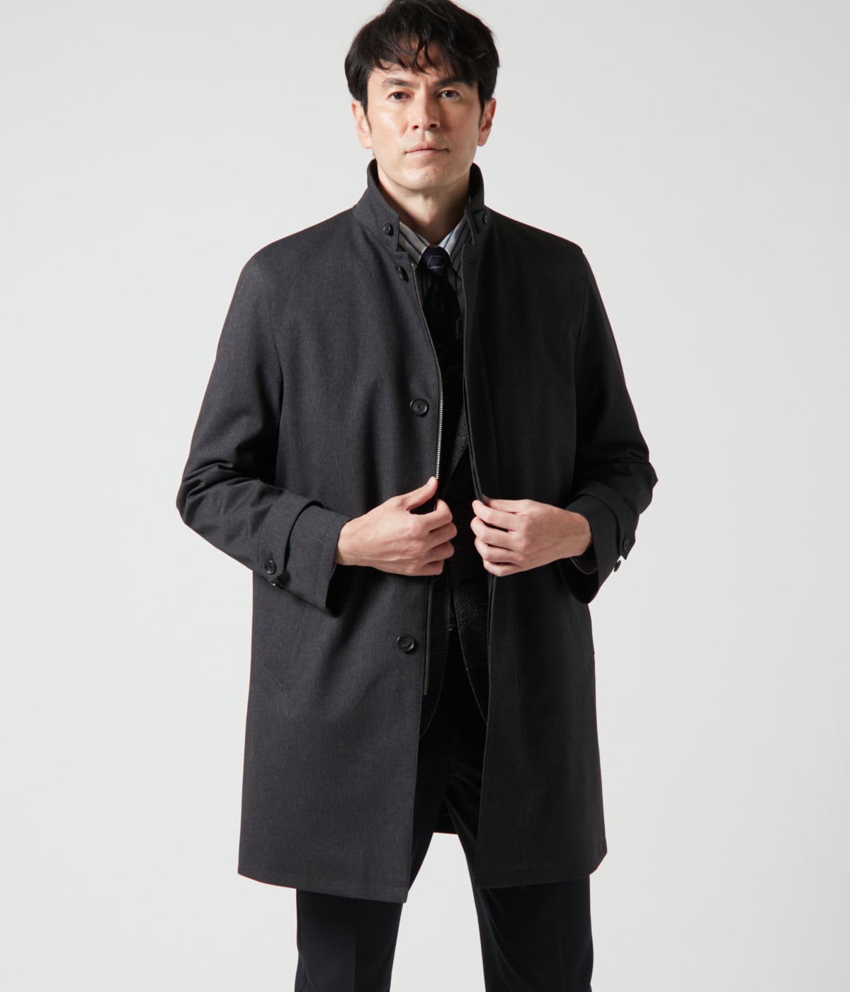 撥水・防風】メランジカルゼ ラミネート ビズスタンドカラーコート