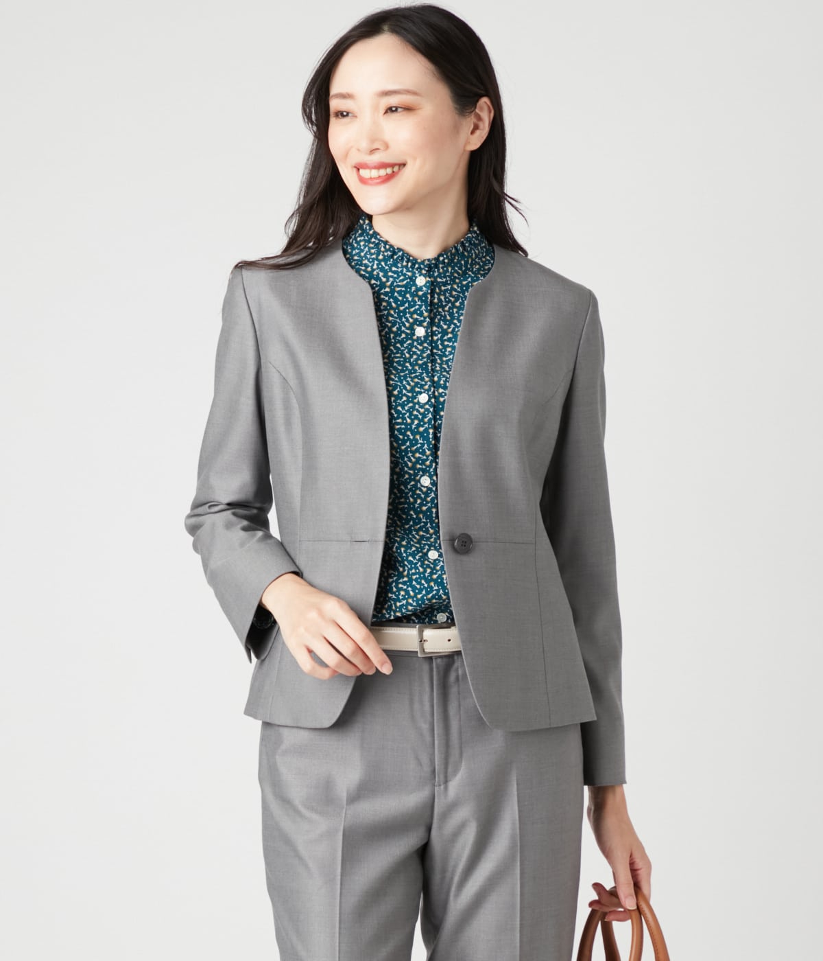 ウールシルクシャークスキン 1釦ノーカラージャケット(71113805-2024