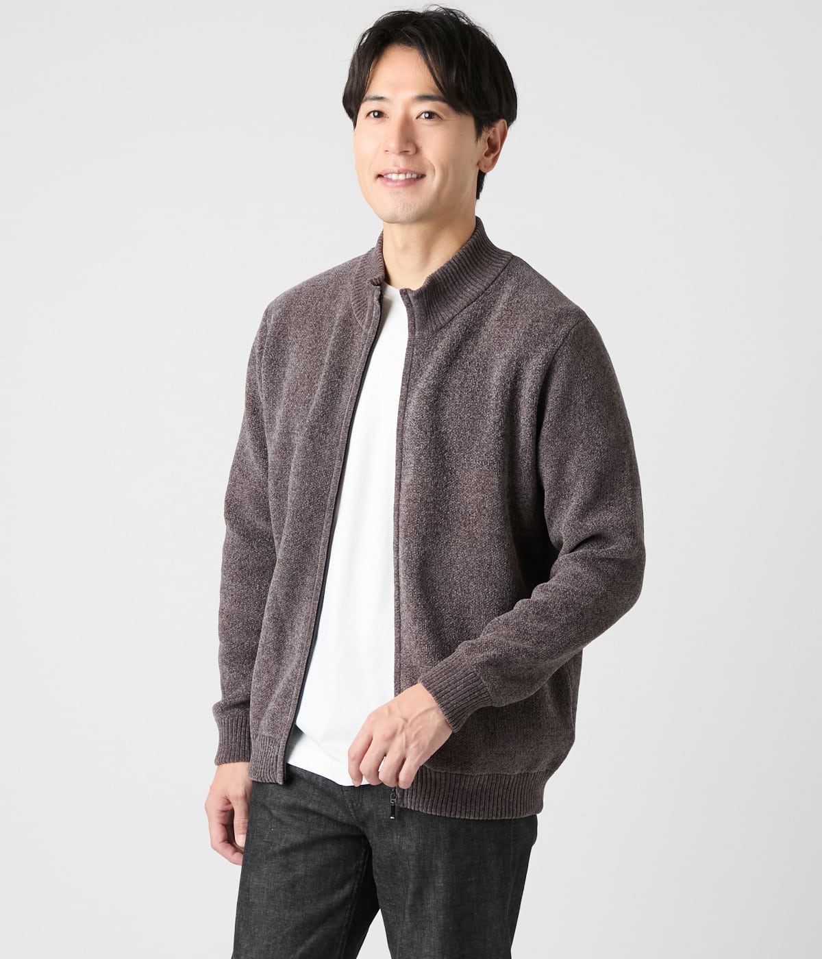 ウォッシャブル】モール スタンドカラーフルジップアップニット