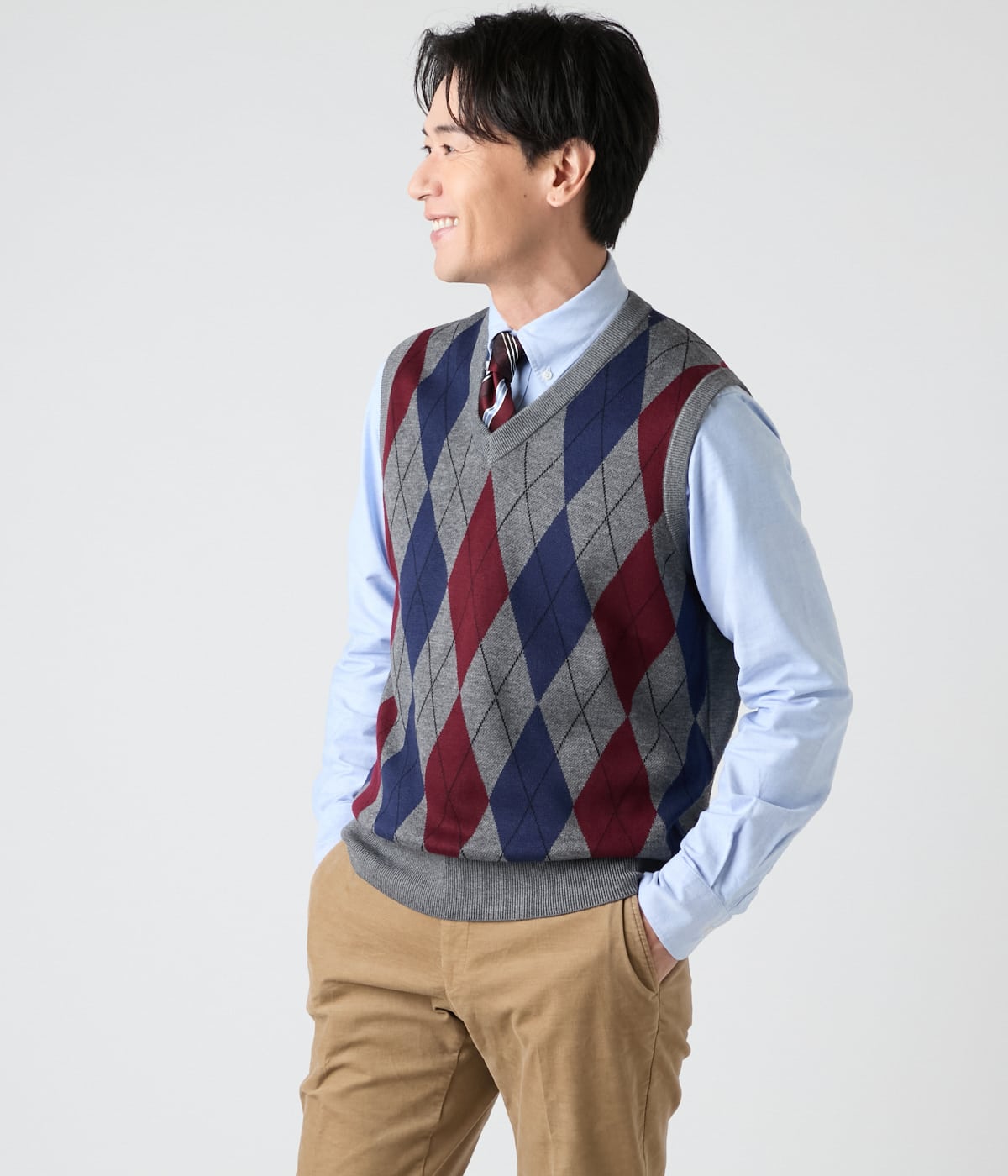 ウォッシャブル】アーガイル Vネックニットベスト(16576501-2025