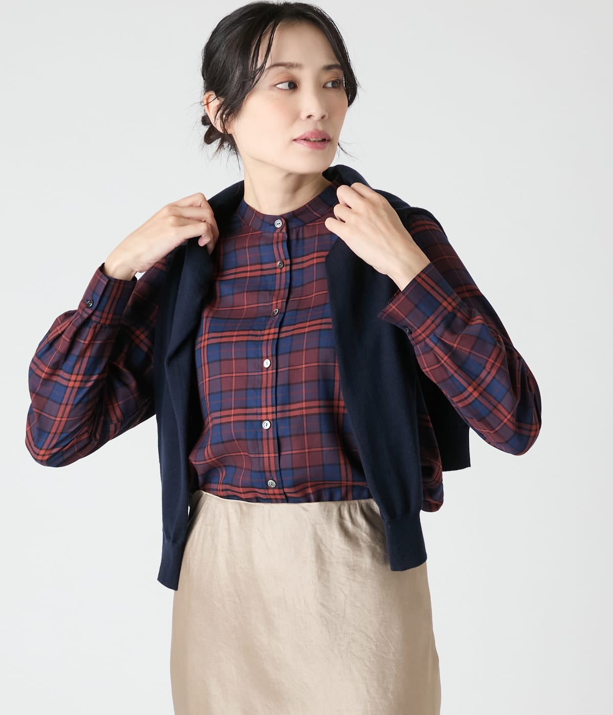 L】タータンチェック 長袖スタンドカラーシャツ(79616417-2025