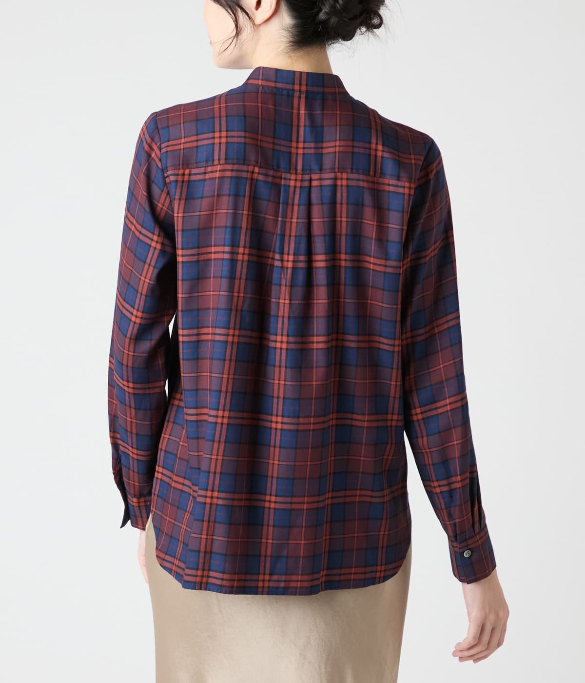 L】タータンチェック 長袖スタンドカラーシャツ(79616417-2025