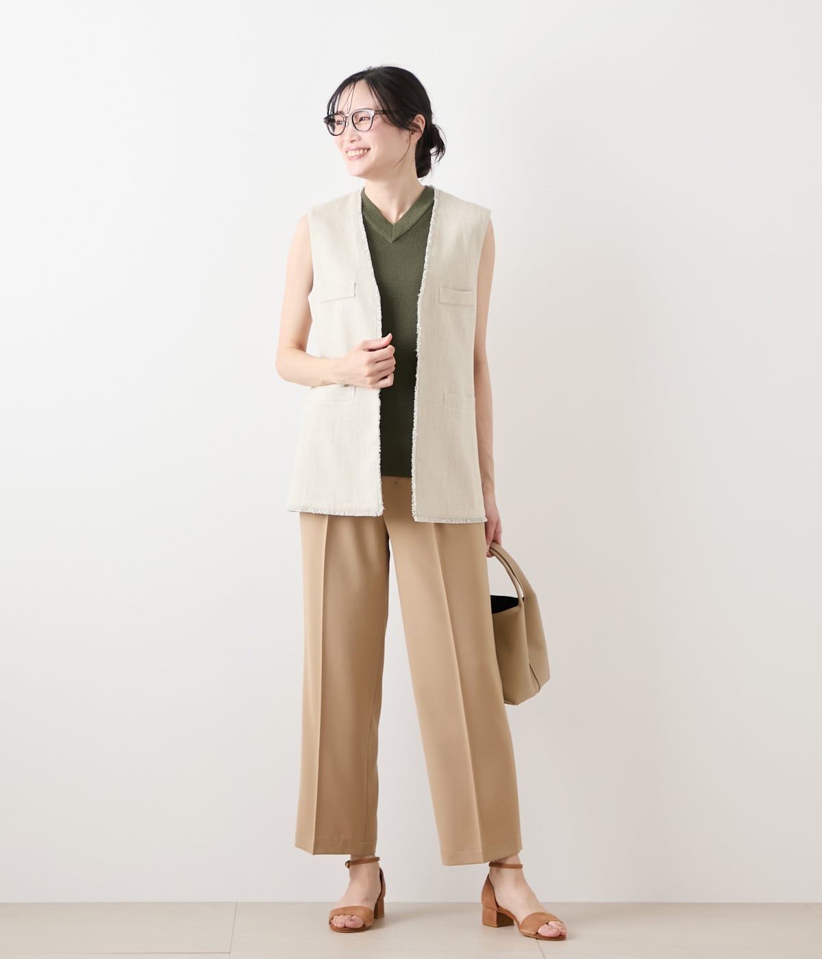 リネンライクワッフル Vネックノースリーブプルオーバー(51725660-2025