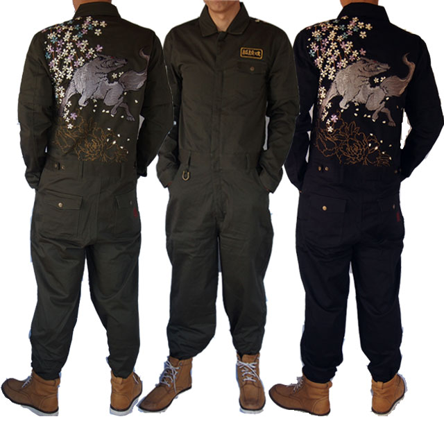 オールインワン【つなぎ】【絡繰魂】 メンズ和柄 枝垂れ桜に銀狼 刺繍