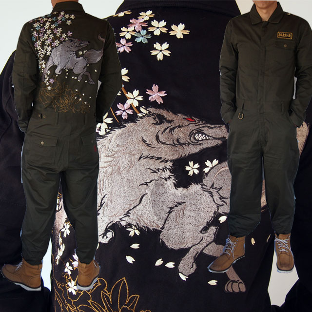 オールインワン【つなぎ】【絡繰魂】 メンズ和柄 枝垂れ桜に銀狼 刺繍
