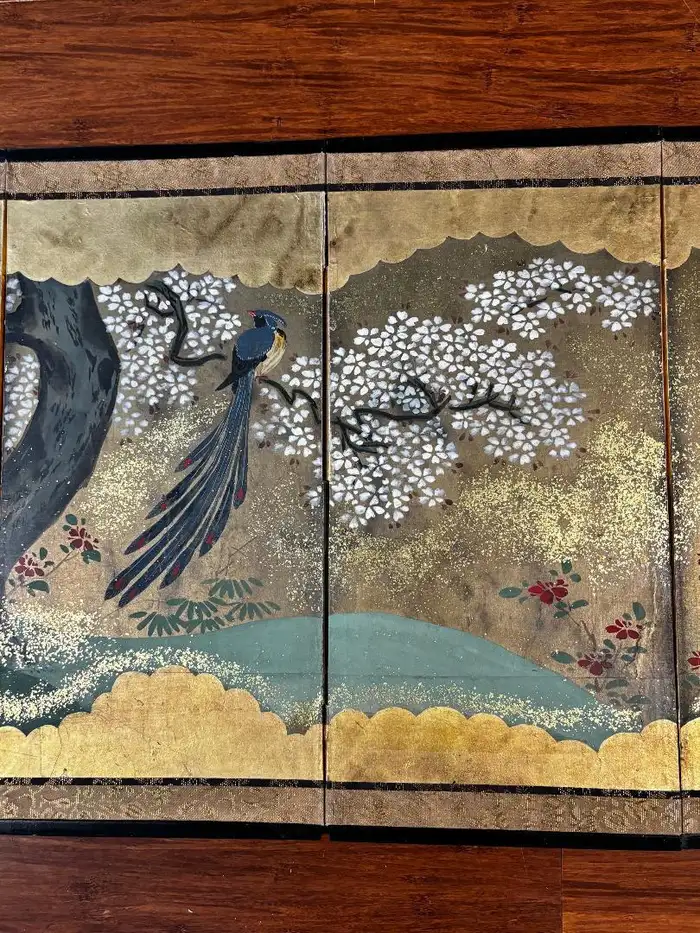 Japanese Brilliant Blue Bird Of Paradise Gold Screen, 48 inches