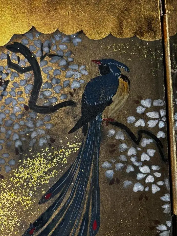 Japanese Brilliant Blue Bird Of Paradise Gold Screen, 48 inches