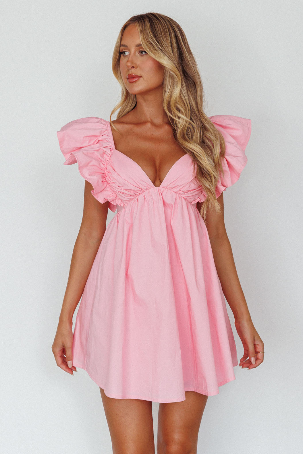 Shop the Marlina Ruffle Sleeve Babydoll Mini Dress Soft Pink