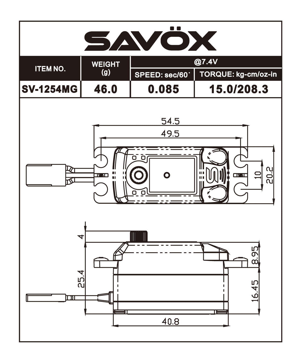 High Voltage Coreless Digital Servo, 15.0/208.3 @ 7.4V – Savox USA