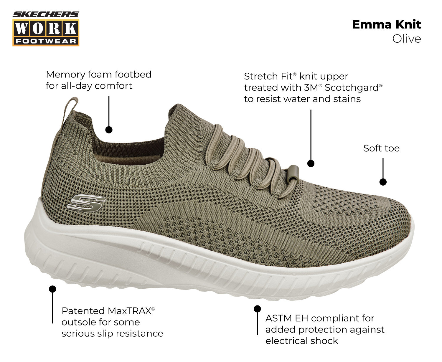 SSK108284OLV Women's Emma Knit MaxTRAX® Soft Toe Slip-On Athletic