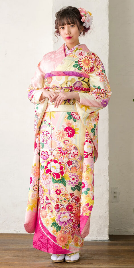 白地ピンク牡丹と桜[FS0954] | 成人式振袖レンタル京都さがの館