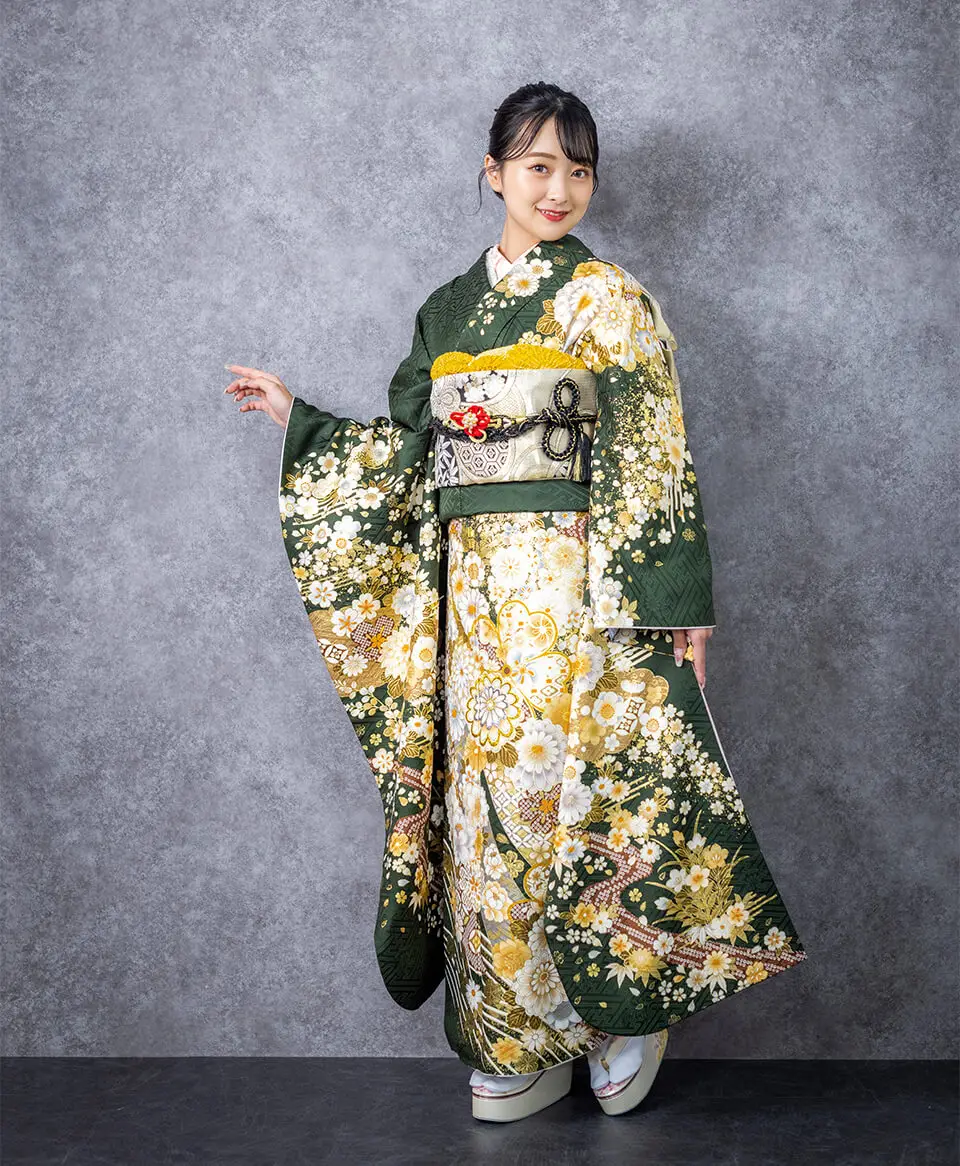 深緑のしめに菊 [FS1162 ] | 成人式振袖レンタル京都さがの館