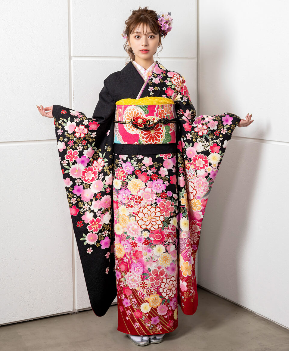 黒地手まりに洋花[FS0336] | 成人式振袖レンタル京都さがの館