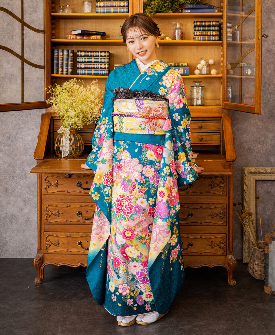 青緑地ピンク牡丹菊-夢P[ES0211] | 成人式振袖レンタル京都さがの館