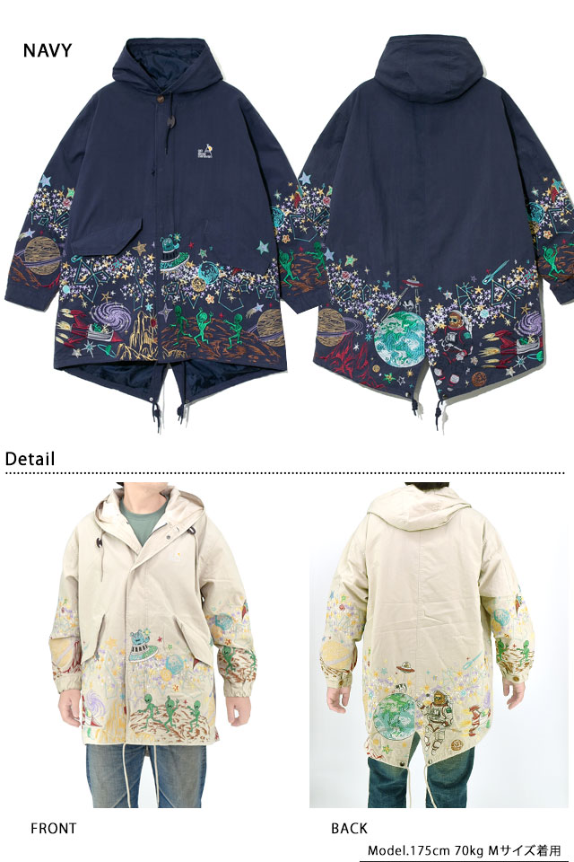 コットン/ナイロンパネル刺繍モッズコート go slow caravan 340206