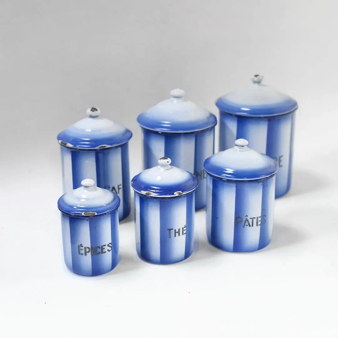 アンティーク フレンチホーローキャニスターセット/ブルーストライプ