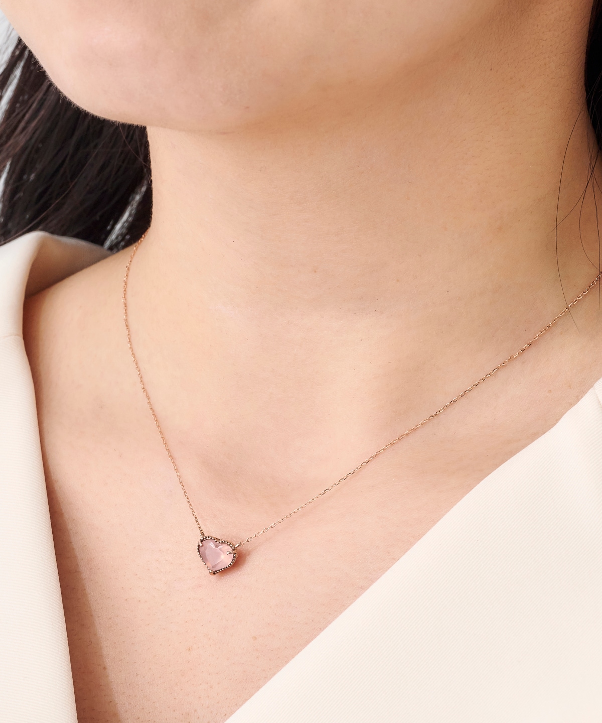 K10 PG ローズクォーツハートネックレス(大)(40cm K10 PG