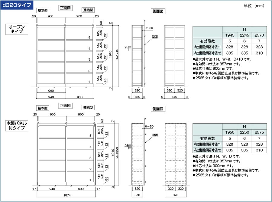 複柱書架TM型 棚板 d320 60kg/段