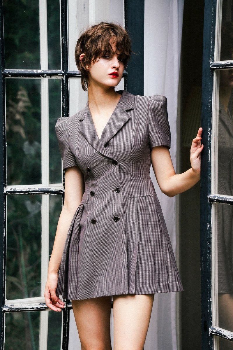 puff sleeve pleated jacket dress – shéller / シェリエ