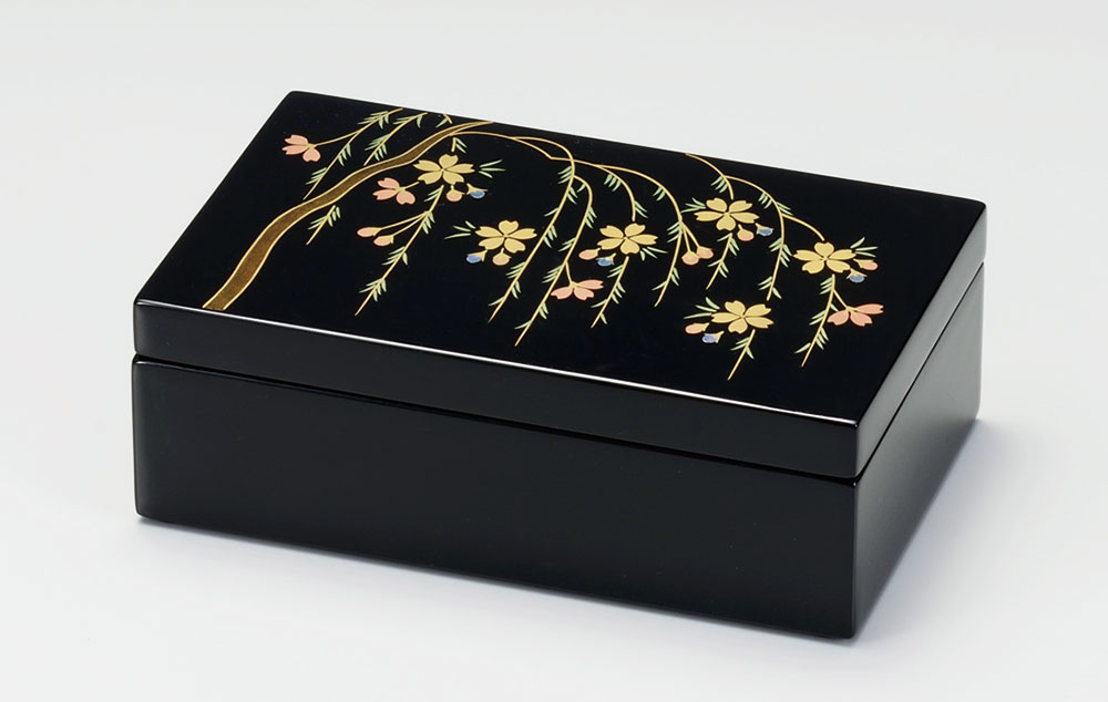 小筥お筥-【手描き蒔絵・消し蒔絵】貝入りしだれ桜 長小筥 ［1個