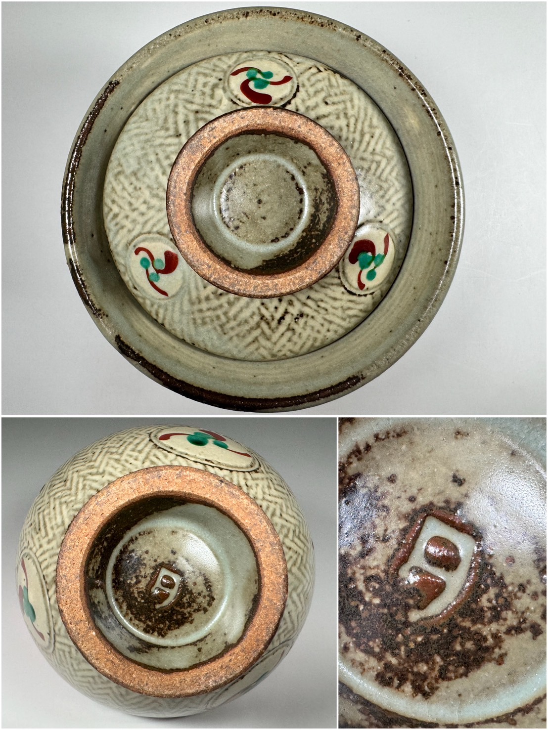 人間国宝 島岡達三「象嵌赤絵草花文夫婦茶碗」「地釉象嵌縄文建水」共