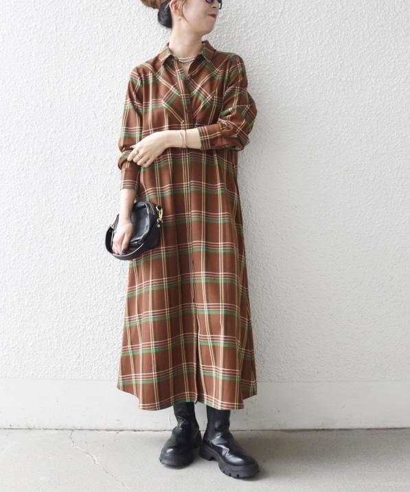 SHIPS any:〈洗濯機可能〉チェック Aライン フレア シャツ ワンピース