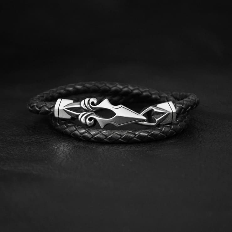 編革レザーブレスレット（ブラック）×シルバー ゴシック調 [DB-083]