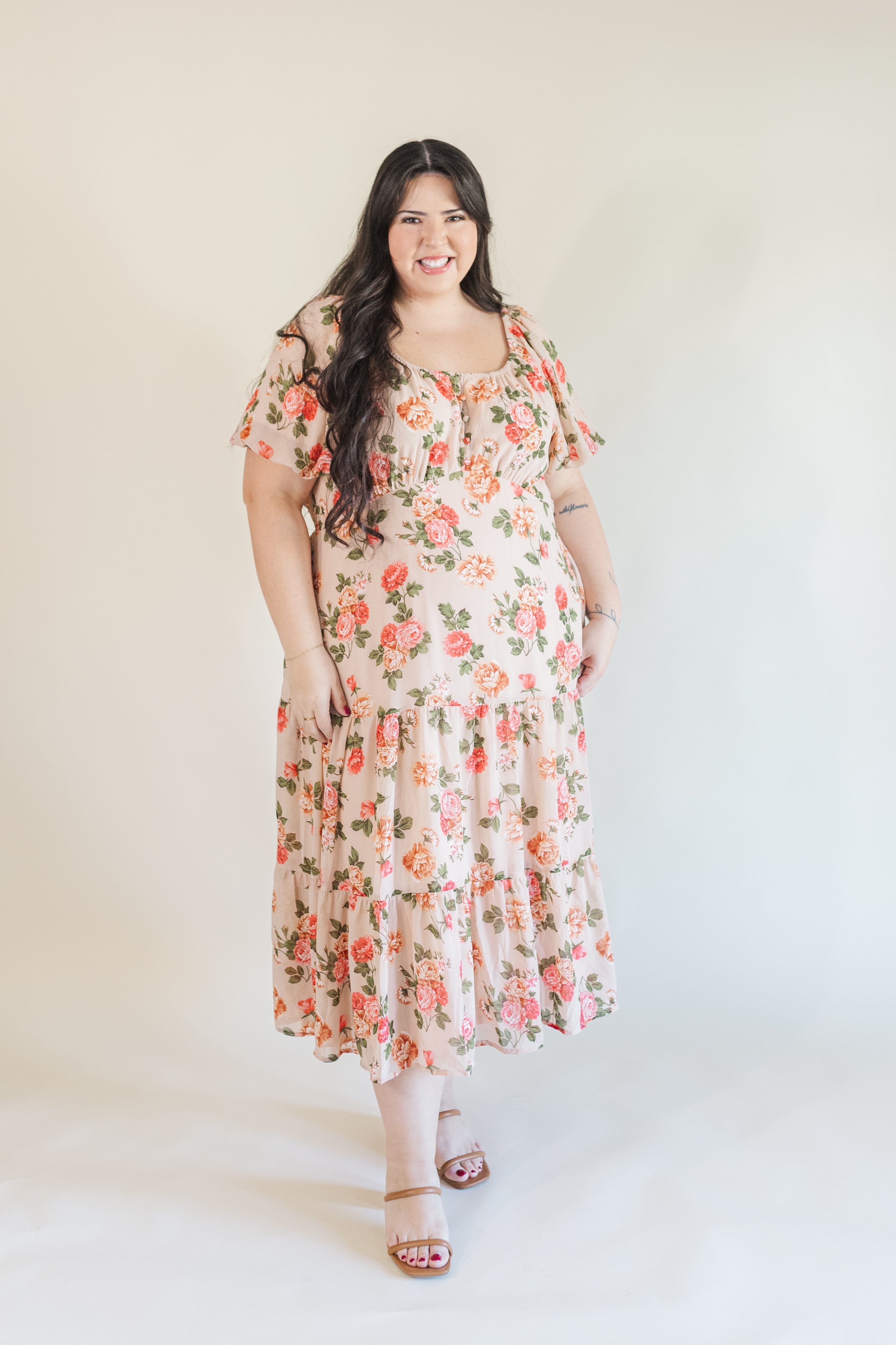 Macy Puff Sleeve Floral Midi Dress in Blush – Ari + Ava