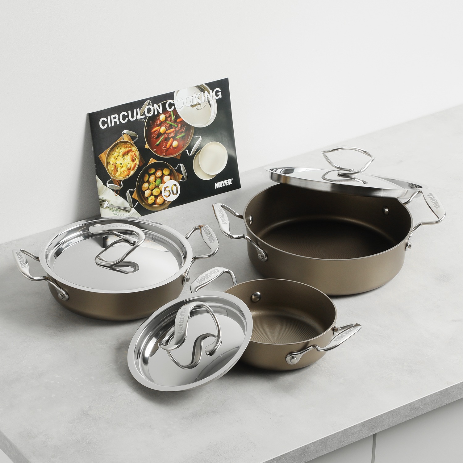 マイヤー サーキュロン 浅型両手鍋 3ピースセット ＜復刻シャンパン